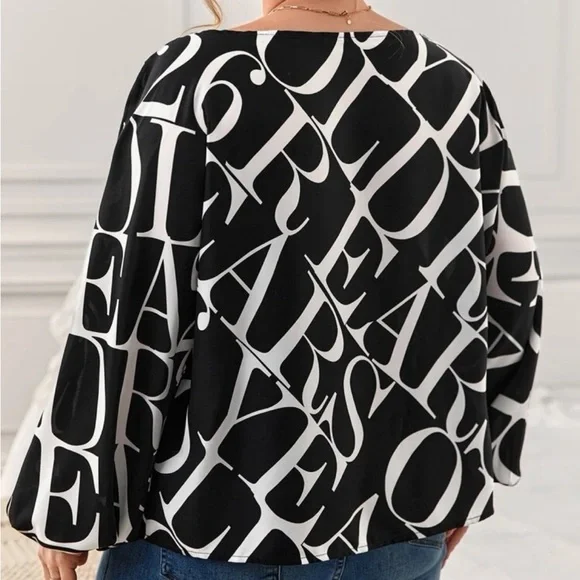 Classic Elegant Abstract Alphabet Letter Print Batwing Sleeve Top Blouse - Picture 5 of 11